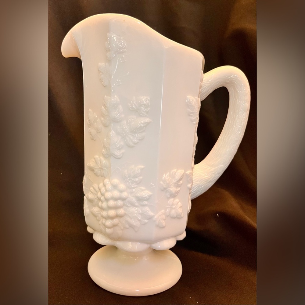 VTG Westmoreland Milk Glass Pitcher Paneled Grape Pedestal Mid Centry MCM USA 9"